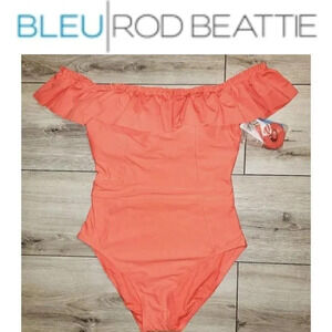 🆕️2023 Bleu Rod Beattie Coral On/  Off the Shoulder Ruffled One-Piece Swimsui…